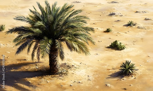Lone palm tree in desert landscape, sunlight, arid background, travel, nature
