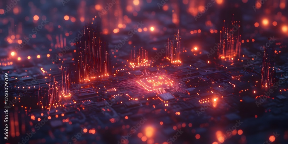 Close-Up View of an Intricate Circuit Board with Vibrant Light Patterns and Visual Complexity Close-Up View of an Intricate Circuit Board with Vibrant Light Patterns and Visual Complexity