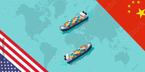 Two cargo ships sailing on a world map with USA and China flags, symbolizing trade relations, logistics, and economic discussions between the two nations.