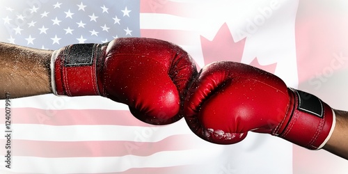 Two boxing gloves symbolizing economic competition and trade disagreements, with USA and Canada flags in the background, representing conflict, trade war, and rivalry.