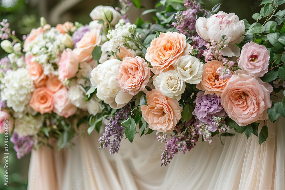 A close-up of an elegant wedding arch adorned with pastel flowers and soft fabric, creating a romantic and dreamy atmosphere. A close-up of an elegant wedding arch adorned with pastel flowers and soft fabric, creating a romantic and dreamy atmosphere.