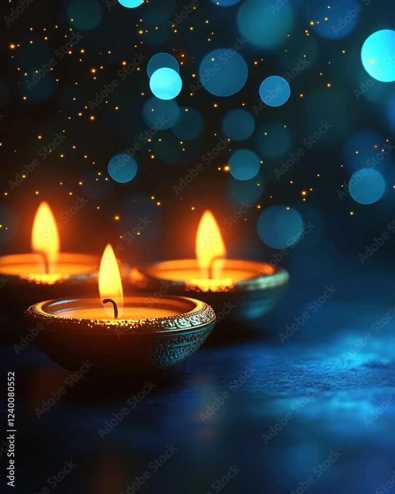 Three lit diya lamps with glowing flames and bokeh lights on a dark blue background Three lit diya lamps with glowing flames and bokeh lights on a dark blue background