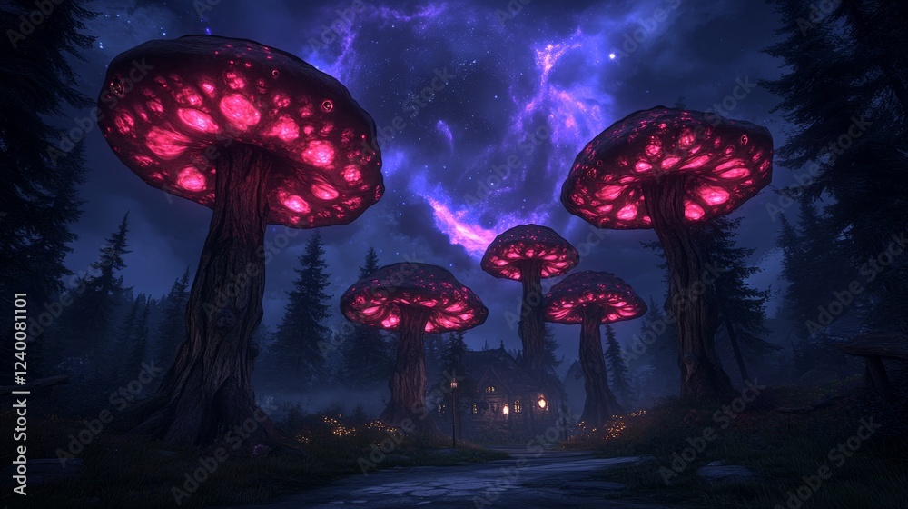 Naklejka premium Enchanted forest at night with glowing, bioluminescent mushrooms illuminating a mysterious path.