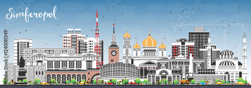 Simferopol Crimea city skyline with color buildings and blue sky. Simferopol cityscape with landmarks. Travel and tourism concept with modern and historic architecture.