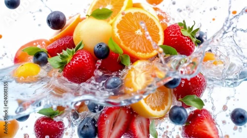 Slow-motion video of colorful fruits splashing into clear water with vivid details and a bright white background.