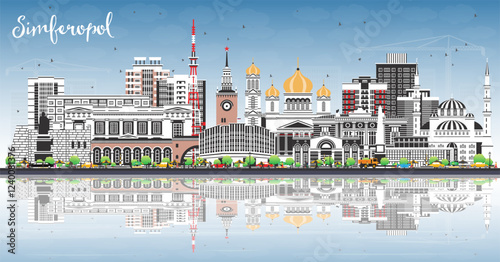 Simferopol Crimea city skyline with color buildings, blue sky and reflections. Simferopol cityscape with landmarks. Travel tourism concept with modern and historic architecture.