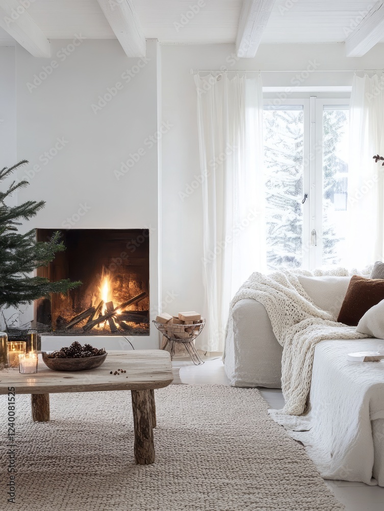 Fototapeta premium Cozy Winter Living Room Fireplace Scene With Natural Decor