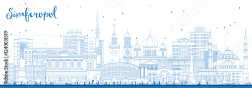 Outline Simferopol Crimea city skyline with blue buildings. Simferopol cityscape with landmarks. Travel and tourism concept with modern and historic architecture.