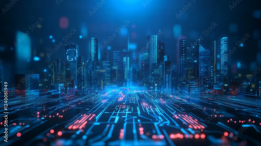 Fototapeta premium A futuristic digital city skyline with glowing lights and intricate network patterns, creating a tech-inspired atmosphere.