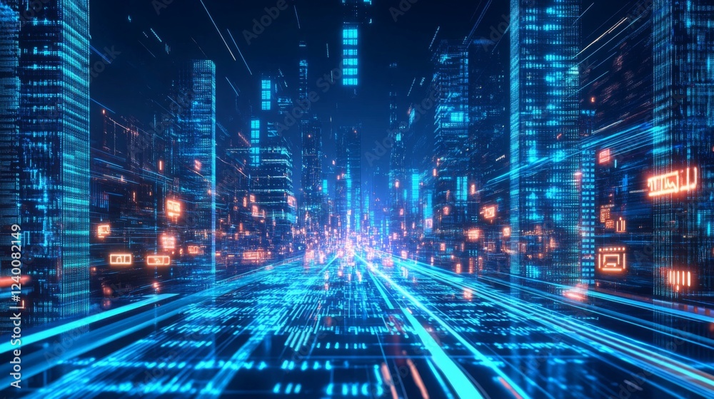 Fototapeta premium A futuristic cityscape filled with glowing skyscrapers and digital elements, creating a vibrant atmosphere of technological advancement.