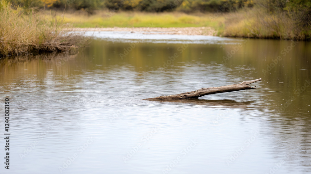 Fototapeta premium Tranquil River Scene: A weathered log rests serenely on the surface of a calm river, its reflection mirrored in the still water, creating a peaceful and contemplative atmosphere.