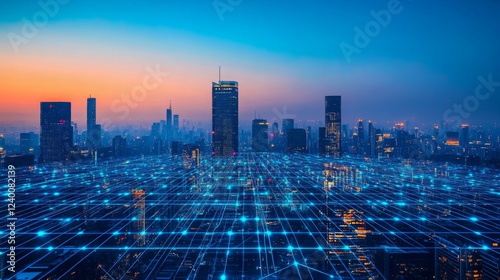 A stunning city skyline at dusk, illuminated by blue lights, with a grid overlay symbolizing connectivity and technology.