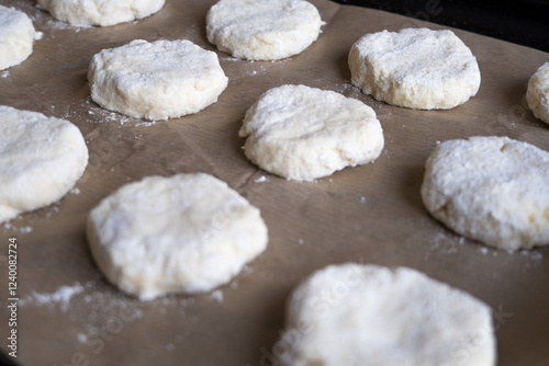 Still not baked cookies on bakery paper close up. Culinary concept for poster, advertising, printing.