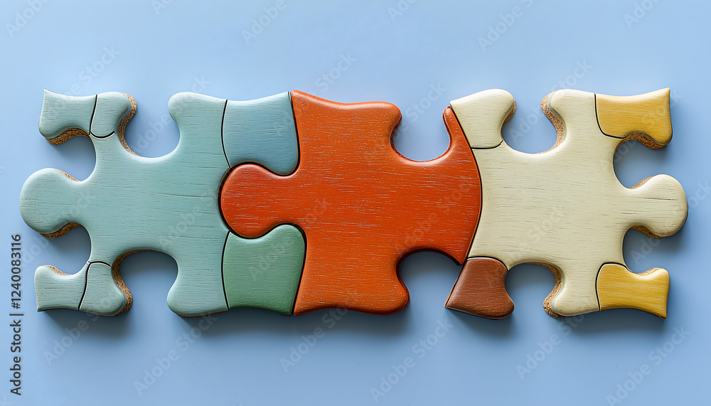 Obraz premium A close-up of four interlocking jigsaw puzzle pieces in various colors, showcasing a smooth texture against a light blue background.