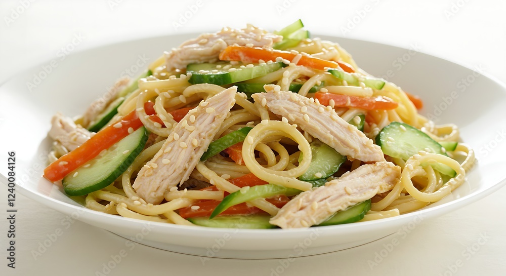 A noodle salad with sesame dressing, cucumbers, and shredded chicken. A noodle salad with sesame dressing, cucumbers, and shredded chicken.