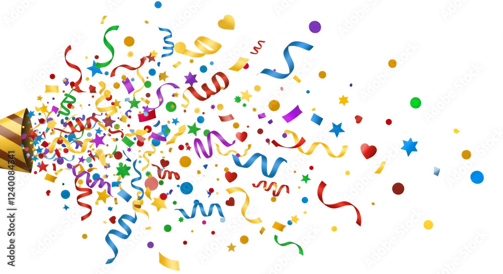 Festive confetti explosion from a party popper isolated on white or transparent png background Festive confetti explosion from a party popper isolated on white or transparent png background