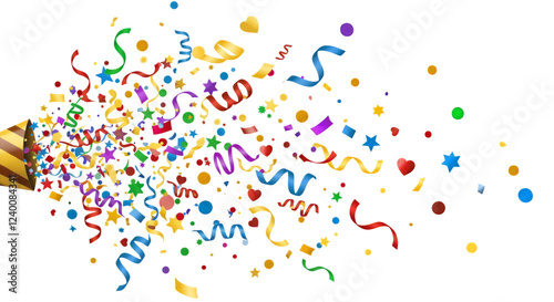 Festive confetti explosion from a party popper isolated on white or transparent png background