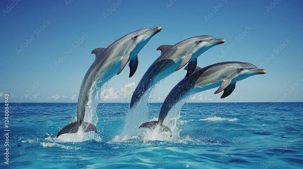 Fototapeta premium Playful Dolphins Leaping Above the Blue Ocean Surface in Sunlight
