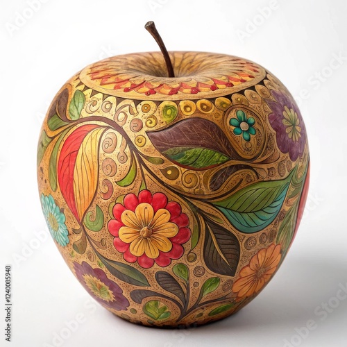 Hand-Painted Floral Apple Gourd Intricate Design, Wood Carving, Autumn Colors, Folk Art Gourd Art, Decorative Apple photo