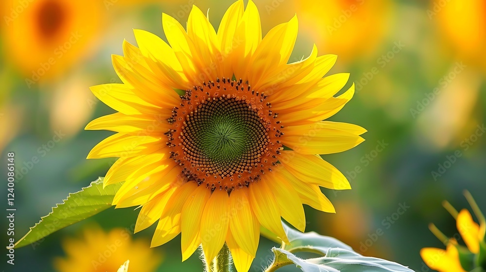Fototapeta premium Close-up of a vibrant yellow sunflower in a field. The sun illuminates the petals.