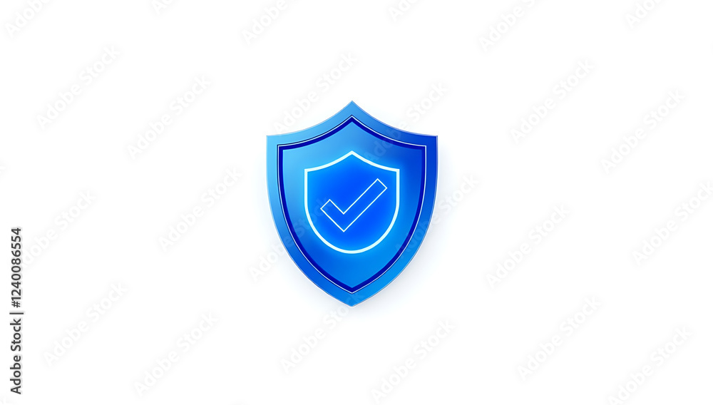 A simple 3D render of a security shield icon, featuring a blue metallic shield with a glowing checkmark at the center, placed on a plain white background. The icon symbolizes cybersecurity and protect A simple 3D render of a security shield icon, featuring a blue metallic shield with a glowing checkmark at the center, placed on a plain white background. The icon symbolizes cybersecurity and protect