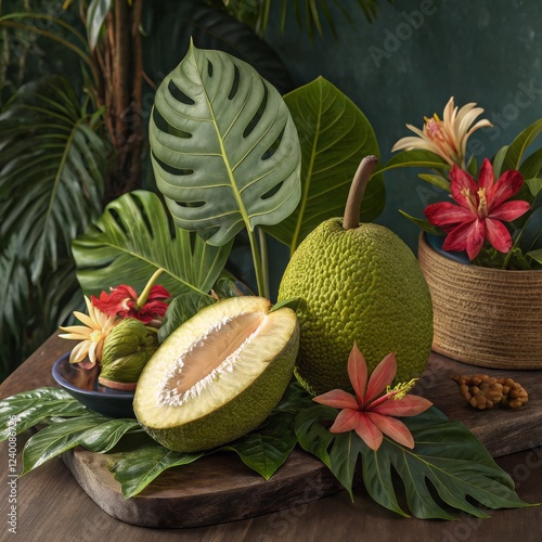 Tropical Fruit Still Life Jackfruit, Flowers and Monstera Leaves, Still Life Photography, Botanical Composition Jackfruit, Still Life Photography photo