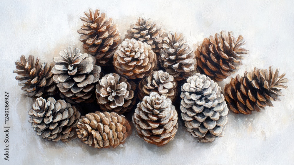 Winter pine cones on white background, nature art, holiday decor Winter pine cones on white background, nature art, holiday decor