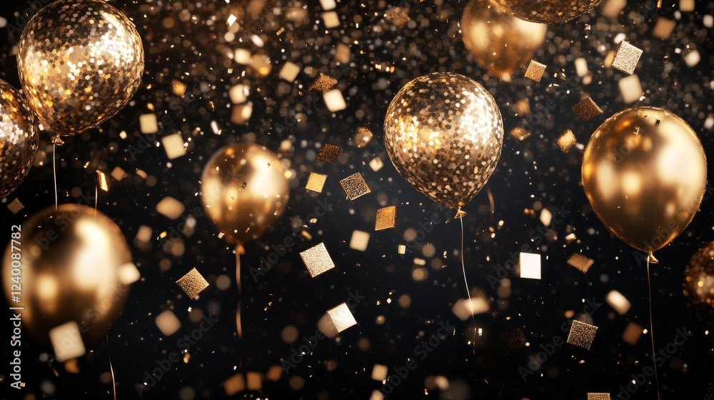 Obraz premium Glamorous party scene, golden helium balloons, noir balloons arrangement, falling metallic square confetti, deep black backdrop, reflective balloon surfaces, scattered golden particles, premium
