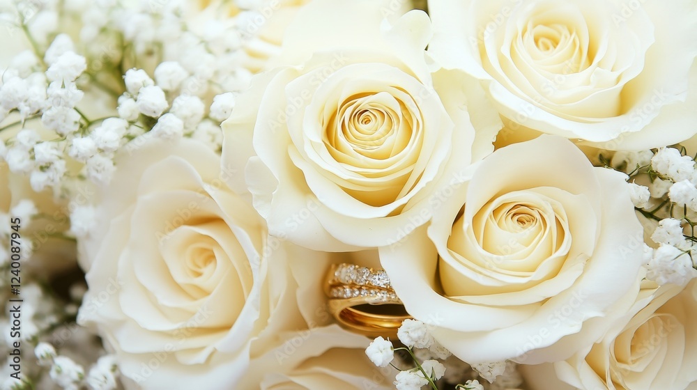 Obraz premium Elegant bridal bouquet macro shot, cream white roses in full bloom, golden wedding bands resting on petals, baby breath accents, soft focus background, romantic wedding photography style, delicate