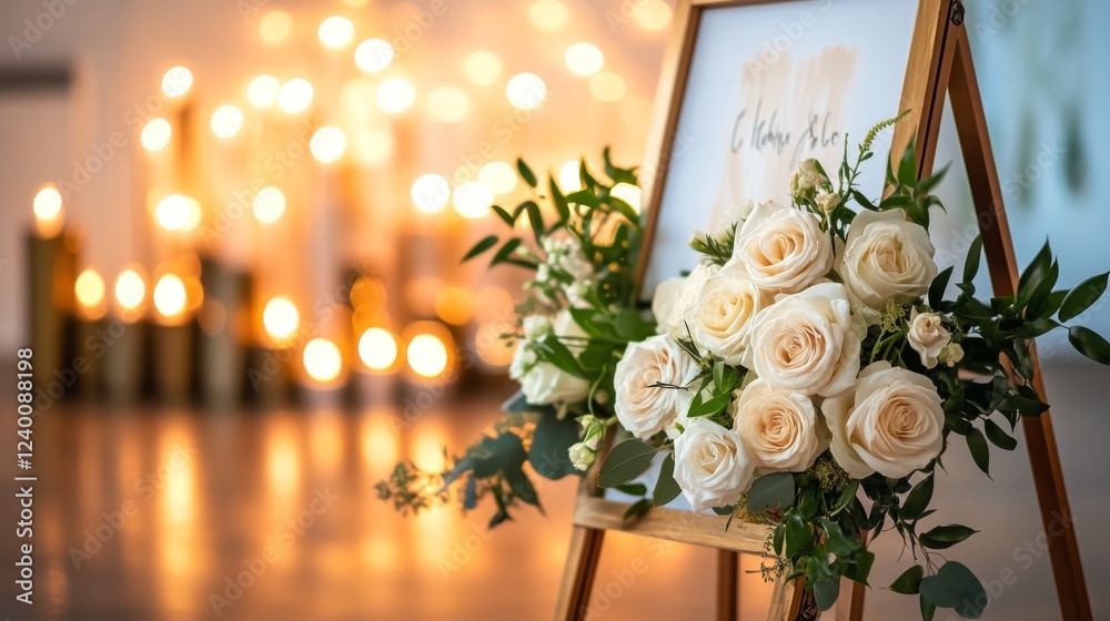 Obraz premium Sophisticated event signage arrangement, gold tripod easel display, flowing white garden roses, decorative brass lantern collection, warm candlelight glow, fresh green botanicals, dreamy bokeh