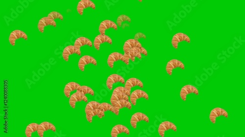 Golden croissants fall gracefully on green screen animation. Suitable video for café promotions, breakfast-themed videos, motion graphic templates, food product ads, and restaurant intro