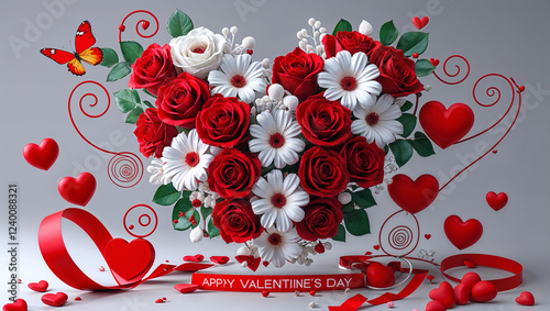 A floral Valentine's Day arrangement with red and white roses hearts and butterflies creating a romantic and artistic composition perfect for love themed celebrations and decorative designs photo