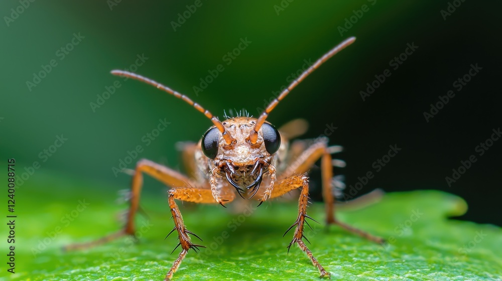 Close-up insect on leaf, green background, nature macro Close-up insect on leaf, green background, nature macro
