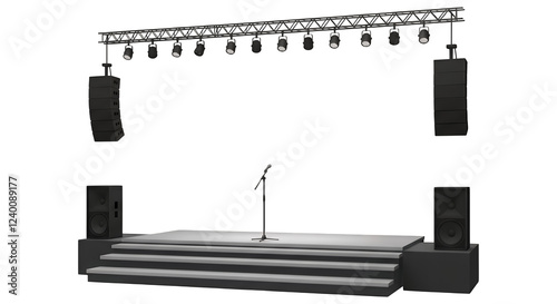 Empty Stage with Audiovisual Equipment, Ready for an Event  isolated on white or transparent png background	
