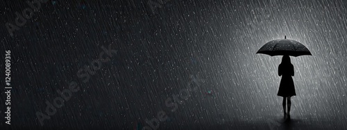 Woman with Umbrella in Rainy Dark Environment