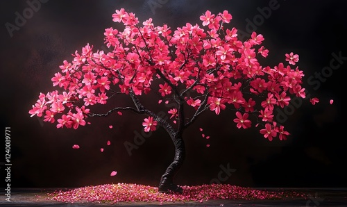 Pink cherry blossom tree, dark background, falling petals, spring, nature scene, digital art, peaceful, meditation, website banner