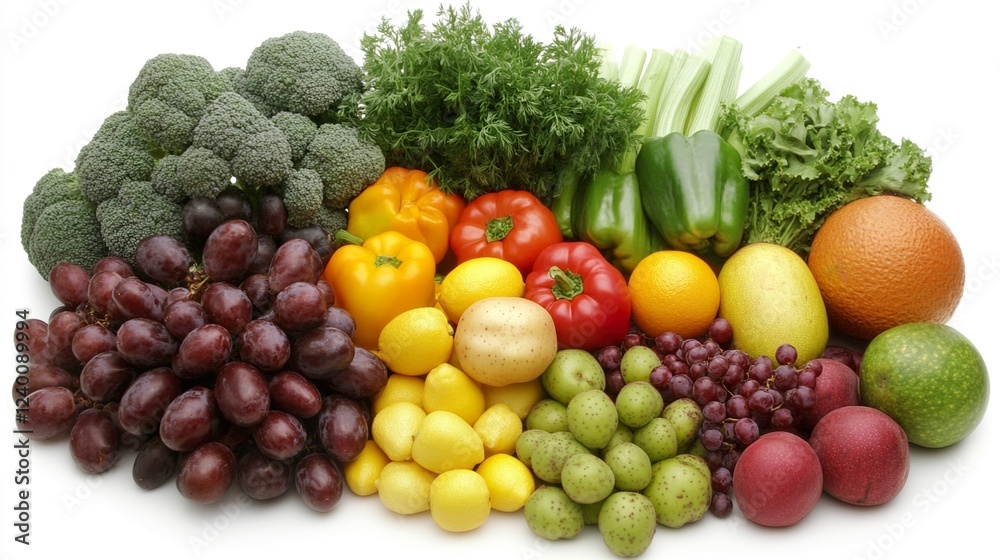 Vibrant still life of fresh fruits and vegetables, celebrating natural abundance and healthy living. Vibrant still life of fresh fruits and vegetables, celebrating natural abundance and healthy living.