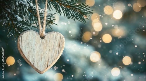 Natural Christmas decoration, unfinished wood heart, jute string tie, evergreen needle framing, delicate snow crystals, soft bokeh effect, artisanal holiday styling, winter nature composition
