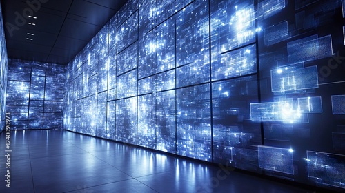 Giant multimedia wall with abstract digital screens  gradient lighting  and futuristic minimalism  symbolizing the fusion of technology and design.
