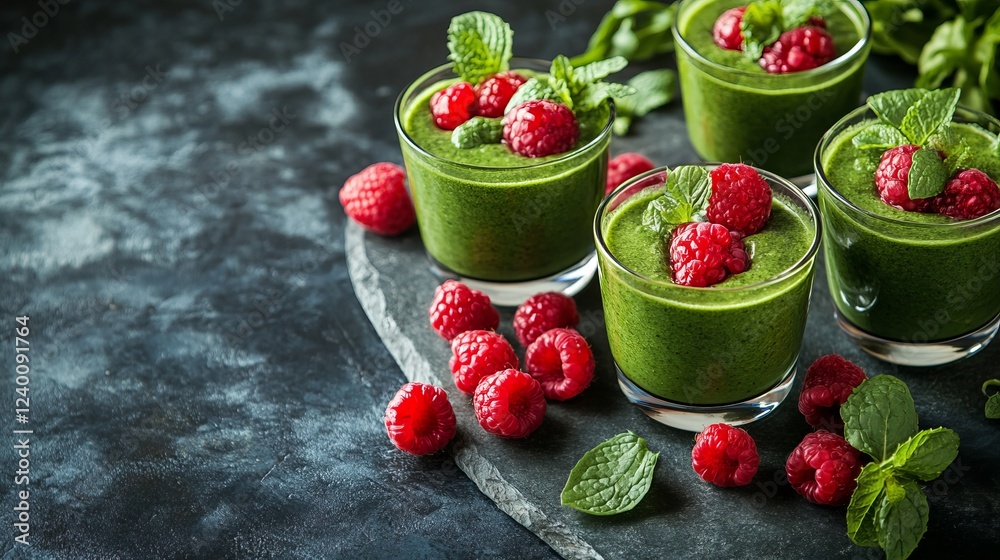 Vibrant Plate of Smooth Green Smoothie Garnished with Fresh Raspberries and Mint Leaves on a Rustic Wooden Table Evoking a Fresh Healthy Lifestyle and Nutritious Culinary Experience Vibrant Plate of Smooth Green Smoothie Garnished with Fresh Raspberries and Mint Leaves on a Rustic Wooden Table Evoking a Fresh Healthy Lifestyle and Nutritious Culinary Experience