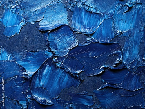 Abstract textured painting with thick strokes of dark blue oil paint on canvas surface