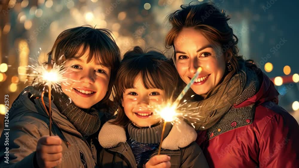 A joyful family celebration with children holding sparklers A joyful family celebration with children holding sparklers