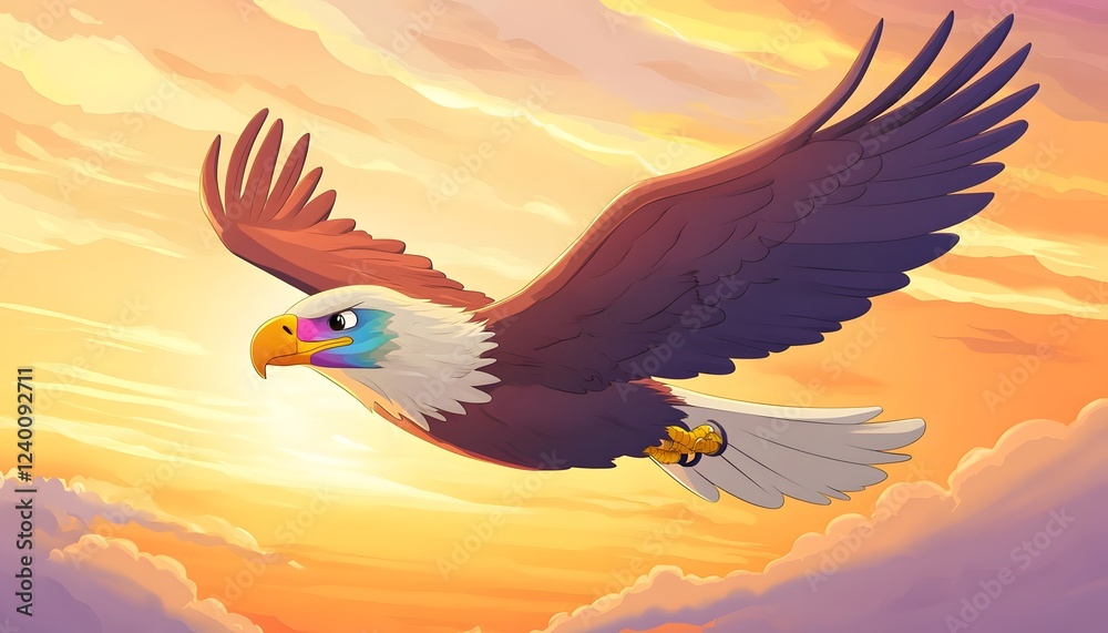 Fototapeta premium A Colorful Eagle Soaring Through Sunset Skies