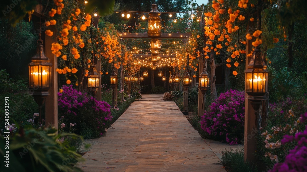 Obraz premium Spiritual garden pathway, suspended orange flower garlands, artisanal metalwork lanterns with warm light, fuchsia flowering vines, ambient string lights, evening garden setting, cultural