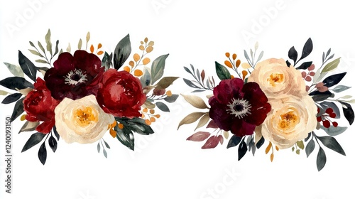 Fototapeta Naklejka Na Ścianę i Meble -  Watercolor Burgundy and Cream Roses and Anemones Bouquet Painting, Romantic Floral Arrangement, Elegant Wedding Design