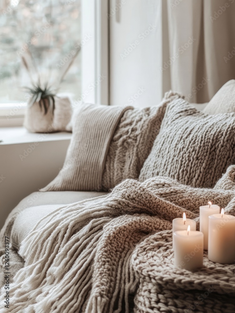 Cozy Knitted Blankets Candles And Pillows On Sofa Cozy Knitted Blankets Candles And Pillows On Sofa
