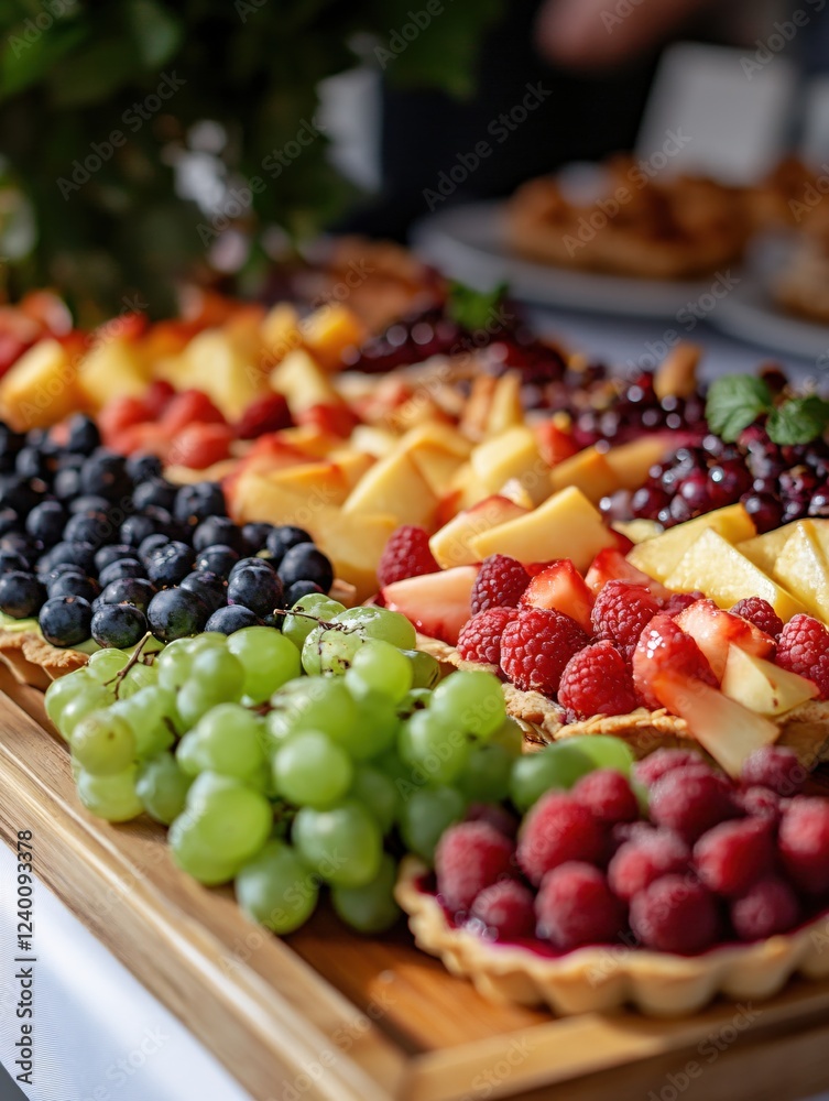Appetizing fruit tarts and fresh grapes arranged on a wooden board for a delightful treat Appetizing fruit tarts and fresh grapes arranged on a wooden board for a delightful treat