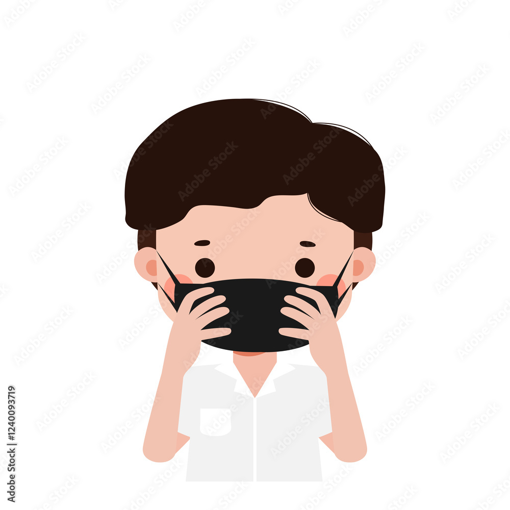 Cute Cartoon Thai student wearing face mask to protect against pm 2.5 dust Illustration flat style Cute Cartoon Thai student wearing face mask to protect against pm 2.5 dust Illustration flat style
