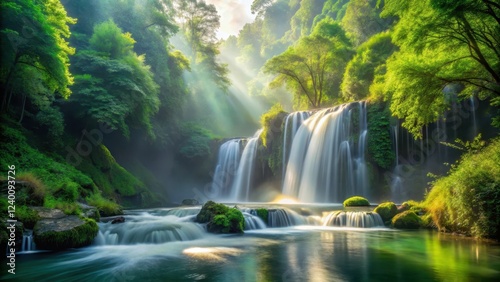 Serene Waterfall Cascading Through Lush Green Foliage Bathed in Sunlight's Embrace