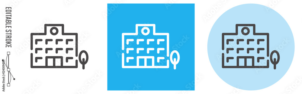 インフラ、学校｜ライン・アイコン　[線の編集可能]